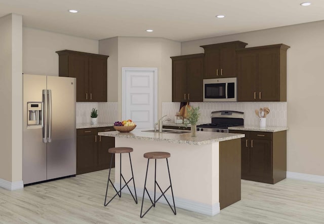 kitchen with a sink, stainless steel appliances, light wood finished floors, a center island with sink, and backsplash