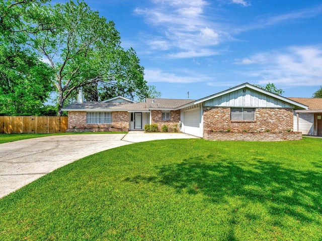 ranch-style house with driveway, a front yard, brick siding, fence, and an attached garage