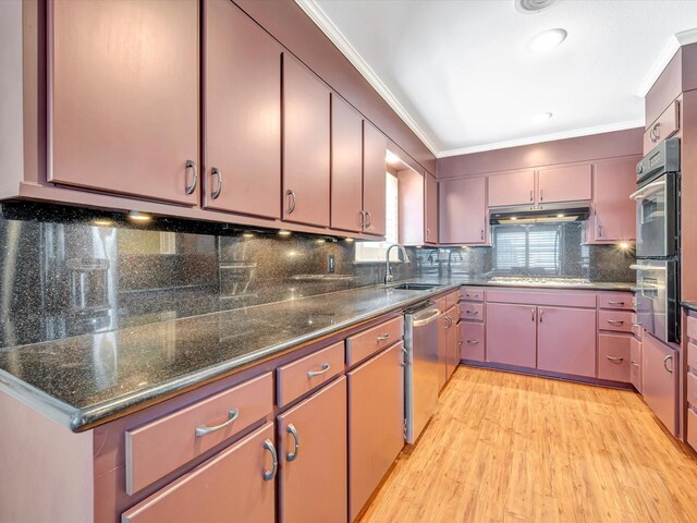 208 Burnett Dr, Baytown, TX 77520 - kitchen with crown molding, a sink, under cabinet range hood, light wood-style floors, and stainless steel appliances