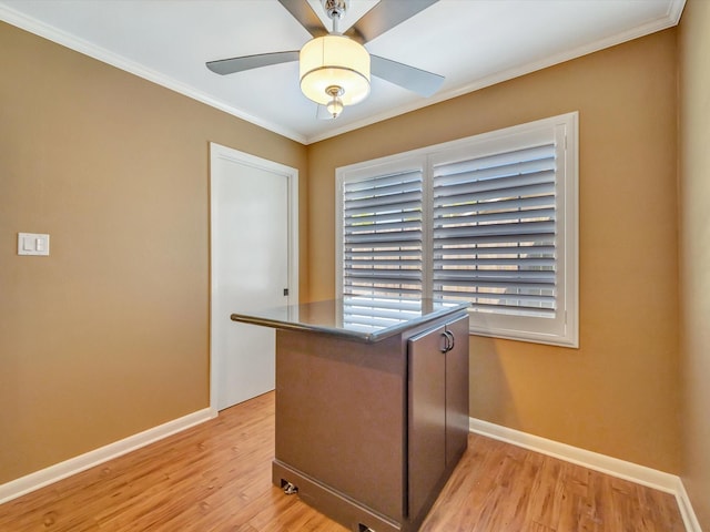 208 Burnett Dr, Baytown, TX 77520 - unfurnished office with baseboards, ornamental molding, a ceiling fan, and light wood-type flooring