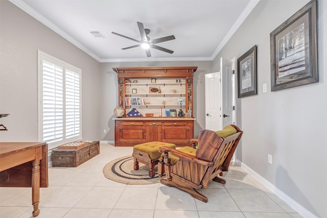 16015 Maycrest Ct, Tomball, TX 77377 - living area featuring a ceiling fan, baseboards, visible vents, and ornamental molding