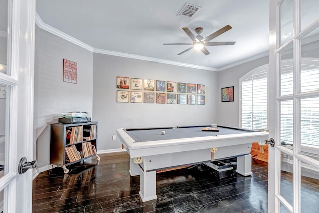 16015 Maycrest Ct, Tomball, TX 77377 - playroom featuring visible vents, ornamental molding, dark wood-style flooring, baseboards, and a ceiling fan