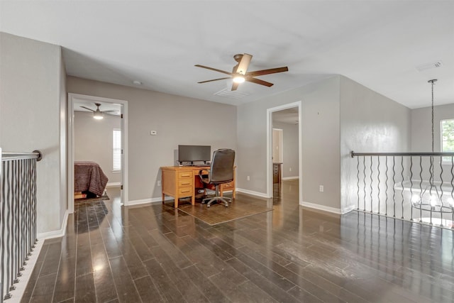16015 Maycrest Ct, Tomball, TX 77377 - home office featuring baseboards, ceiling fan, and wood finished floors