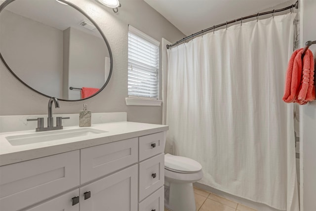 16015 Maycrest Ct, Tomball, TX 77377 - full bath featuring visible vents, tile patterned flooring, vanity, toilet, and a shower with shower curtain