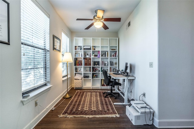 home office with baseboards, visible vents, wood finished floors, and a ceiling fan