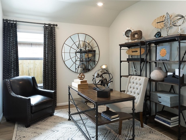 12130 Willow Hollow Ln, Baytown, TX 77523 - home office featuring recessed lighting, lofted ceiling, wood finished floors, and baseboards