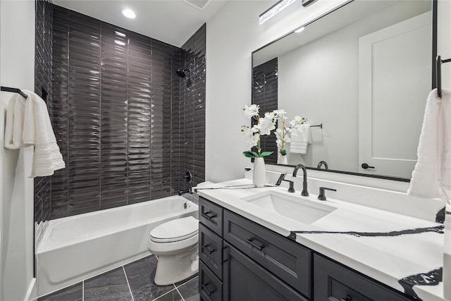 bathroom with toilet, recessed lighting, bathing tub / shower combination, and vanity