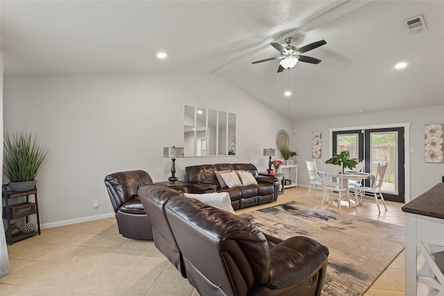 living area featuring light tile patterned floors, visible vents, lofted ceiling with beams, ceiling fan, and baseboards