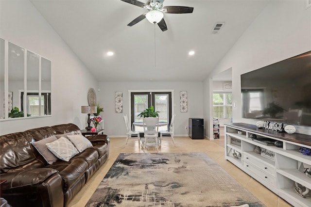 living area featuring light tile patterned flooring, ceiling fan, recessed lighting, and visible vents