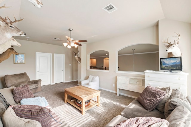 21735 Lozar Dr, Spring, TX 77379 - living area featuring visible vents, a ceiling fan, carpet, and baseboards