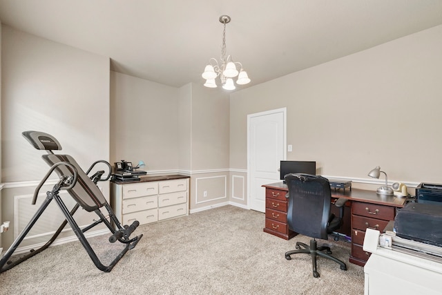 21735 Lozar Dr, Spring, TX 77379 - office space with wainscoting, a chandelier, light carpet, and a decorative wall
