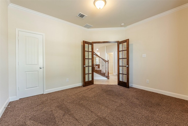 2623 Holbrook Springs Ln, League City, TX 77573 - empty room featuring ornamental molding, french doors, and visible vents