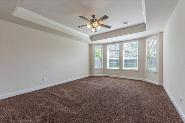 2623 Holbrook Springs Ln, League City, TX 77573 - carpeted empty room with crown molding, a ceiling fan, a raised ceiling, and a healthy amount of sunlight
