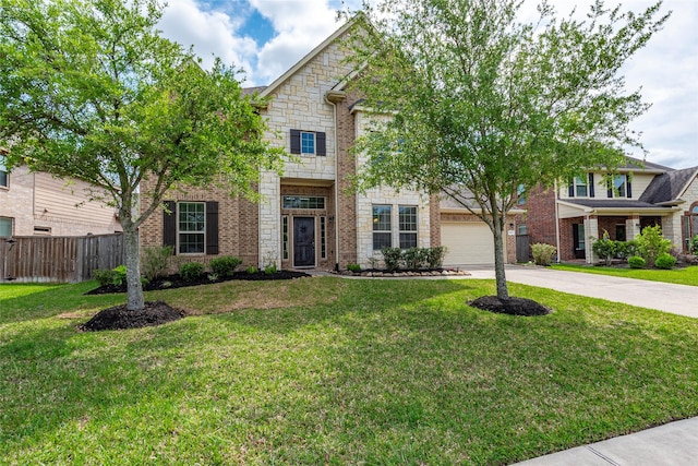 2623 Holbrook Springs Ln, League City, TX 77573 - traditional-style house with concrete driveway, a front lawn, brick siding, and fence