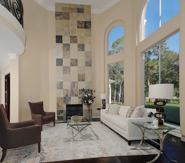 8 Autumn Cres, The Woodlands, TX 77381 - living area with wood finished floors, baseboards, ornamental molding, and a high ceiling