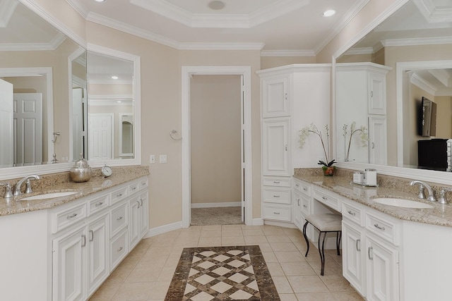 8 Autumn Cres, The Woodlands, TX 77381 - bathroom with ornamental molding, tile patterned flooring, vanity, and baseboards