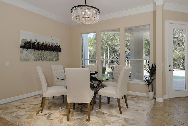 8 Autumn Cres, The Woodlands, TX 77381 - dining space featuring baseboards, ornamental molding, and an inviting chandelier