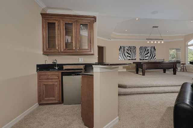 8 Autumn Cres, The Woodlands, TX 77381 - bar with light colored carpet, dishwasher, ornamental molding, and baseboards