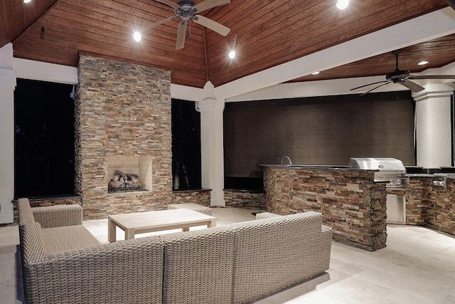 8 Autumn Cres, The Woodlands, TX 77381 - living area featuring recessed lighting, a ceiling fan, wooden ceiling, and a towering ceiling
