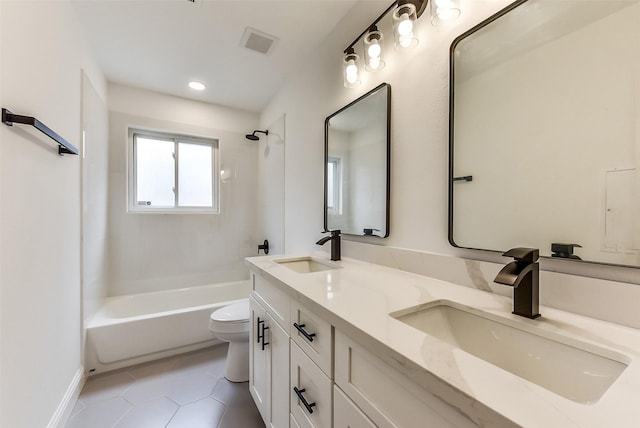 bathroom with tile patterned floors, visible vents, toilet, and a sink