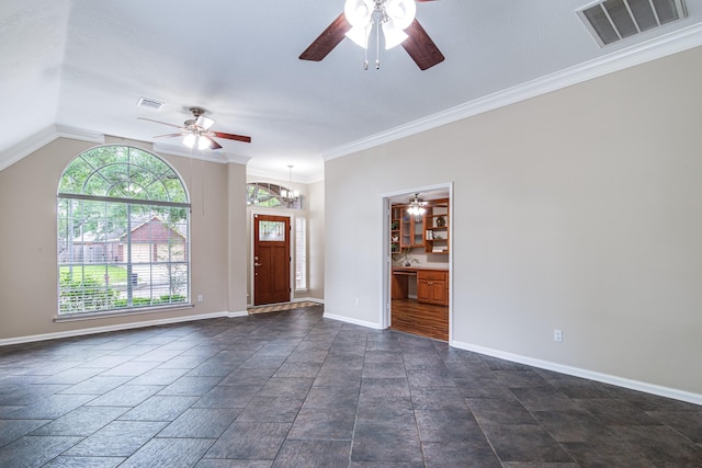 entryway featuring visible vents, baseboards, and ceiling fan with notable chandelier