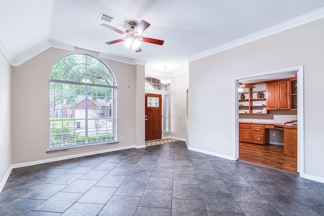foyer with visible vents, plenty of natural light, baseboards, and ceiling fan with notable chandelier