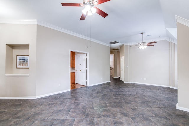 unfurnished living room featuring baseboards, stone finish flooring, visible vents, and a ceiling fan