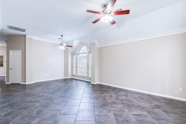 unfurnished living room with stone finish floor, ceiling fan, visible vents, and baseboards