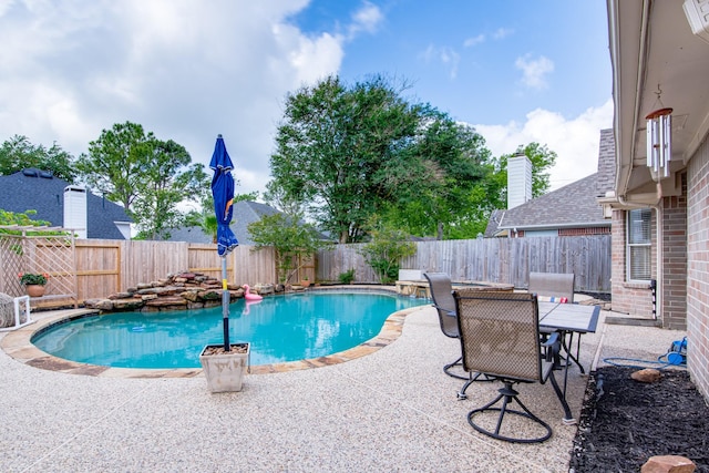 view of pool featuring a patio, a fenced in pool, and a fenced backyard