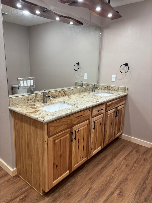 bathroom featuring double vanity, wood finished floors, and a sink