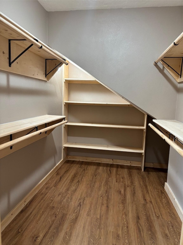 walk in closet with dark wood-style flooring
