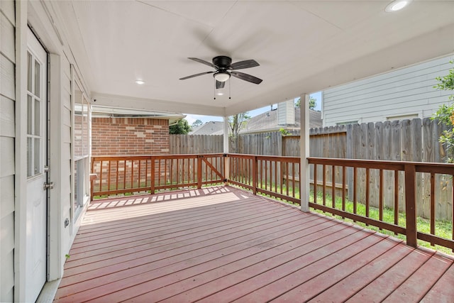 deck featuring fence and a ceiling fan