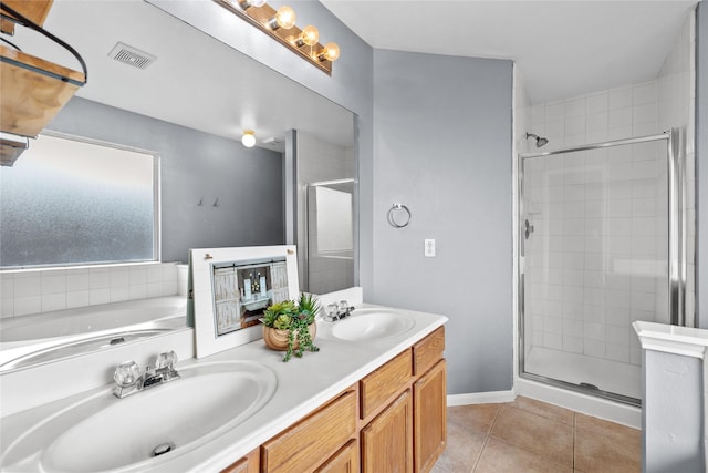 bathroom with tile patterned floors, visible vents, a stall shower, and a sink