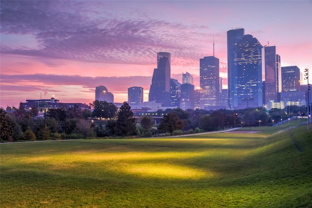 view of property's community with a city view and a yard