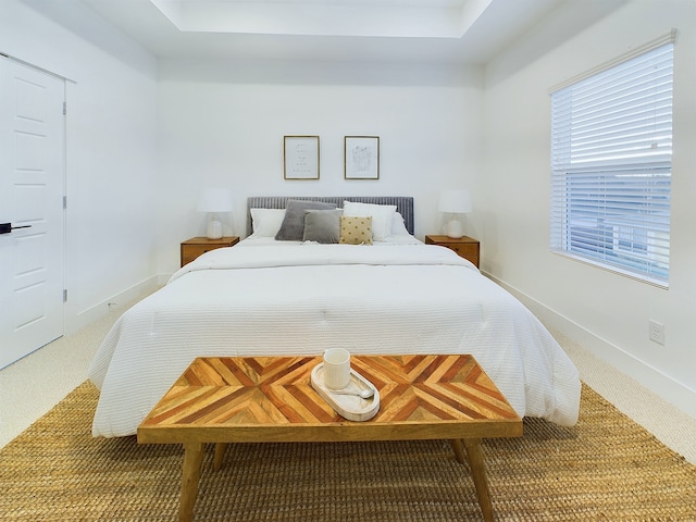 carpeted bedroom featuring baseboards and a tray ceiling