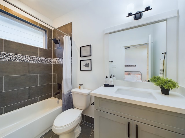 full bath featuring toilet, vanity, and shower / bath combination with curtain