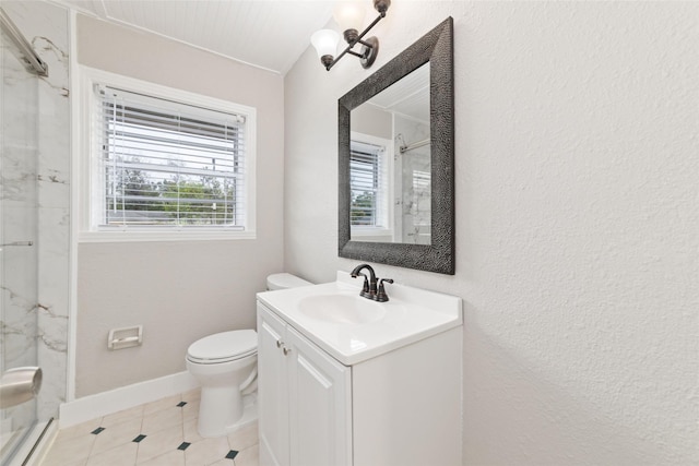 4517 W 43rd St, Houston, TX 77092 - bathroom featuring tile patterned flooring, toilet, vanity, baseboards, and a shower