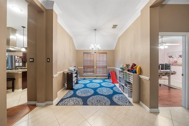 15015 Cozy Hollow Ln, Houston, TX 77044 - tiled entrance foyer featuring crown molding, a chandelier, baseboards, and ceiling fan