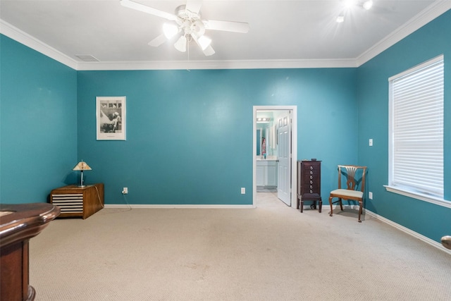 15015 Cozy Hollow Ln, Houston, TX 77044 - living area with ornamental molding, carpet flooring, a ceiling fan, and baseboards