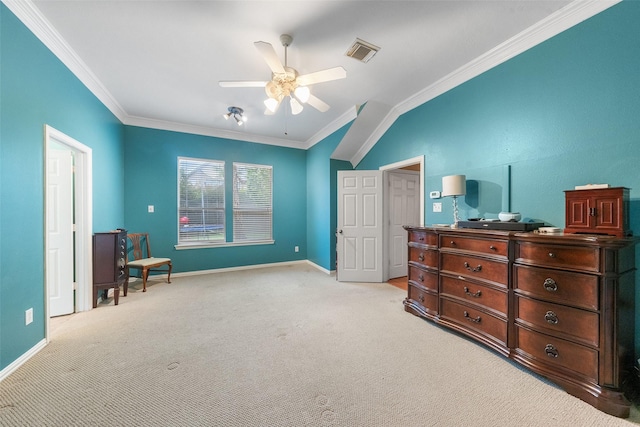 15015 Cozy Hollow Ln, Houston, TX 77044 - carpeted bedroom with crown molding, baseboards, ceiling fan, and lofted ceiling