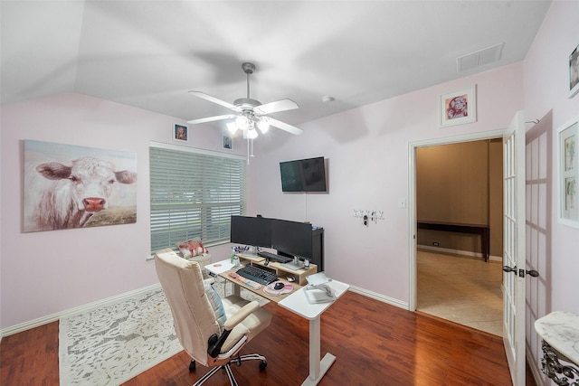 15015 Cozy Hollow Ln, Houston, TX 77044 - office space featuring a ceiling fan, wood finished floors, baseboards, and vaulted ceiling