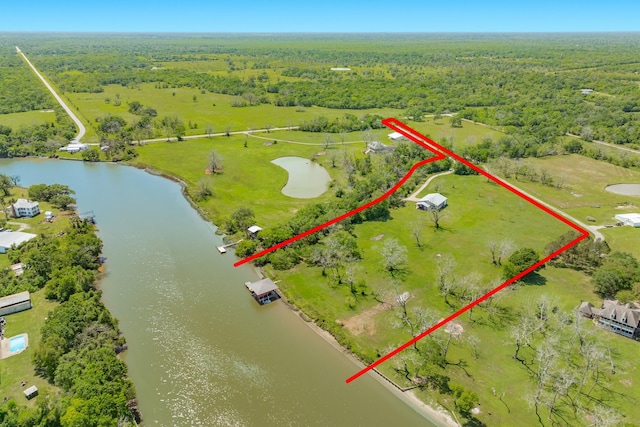 bird's eye view featuring a water view and a wooded view