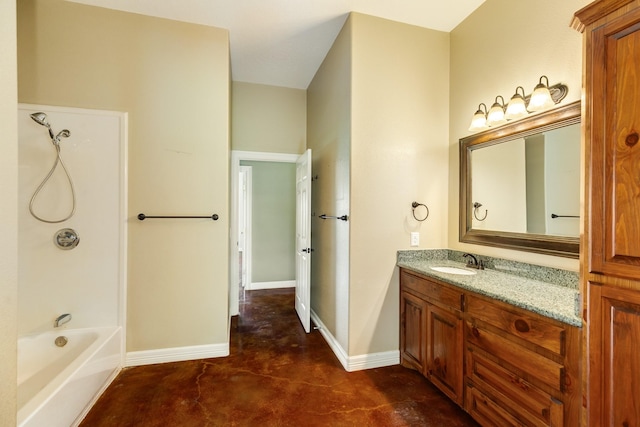 full bathroom featuring baseboards, finished concrete flooring,  shower combination, and vanity