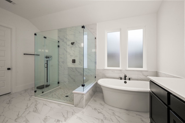 1222 Tallow Park Ln, Pinehurst, TX 77362 - full bathroom featuring marble look tile flooring, a stall shower, a freestanding bath, and vanity