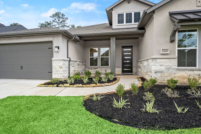 1222 Tallow Park Ln, Pinehurst, TX 77362 - view of front facade with stone siding, stucco siding, concrete driveway, a garage, and roof with shingles