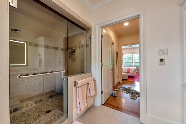 4020 Sul Ross St, Houston, TX 77027 - bathroom with ornamental molding, ensuite bath, tile patterned flooring, and a stall shower