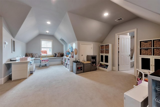 4020 Sul Ross St, Houston, TX 77027 - interior space with lofted ceiling, visible vents, recessed lighting, and light carpet
