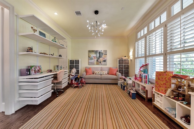 4020 Sul Ross St, Houston, TX 77027 - sitting room featuring a chandelier, crown molding, visible vents, built in study area, and wood finished floors