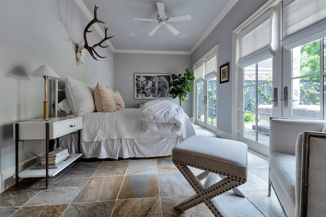 4020 Sul Ross St, Houston, TX 77027 - bedroom featuring stone finish flooring, ornamental molding, access to exterior, and multiple windows