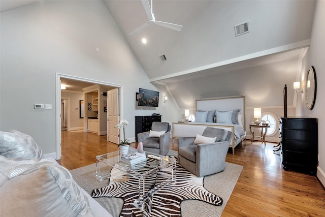 4020 Sul Ross St, Houston, TX 77027 - bedroom featuring light wood finished floors, high vaulted ceiling, baseboards, and visible vents